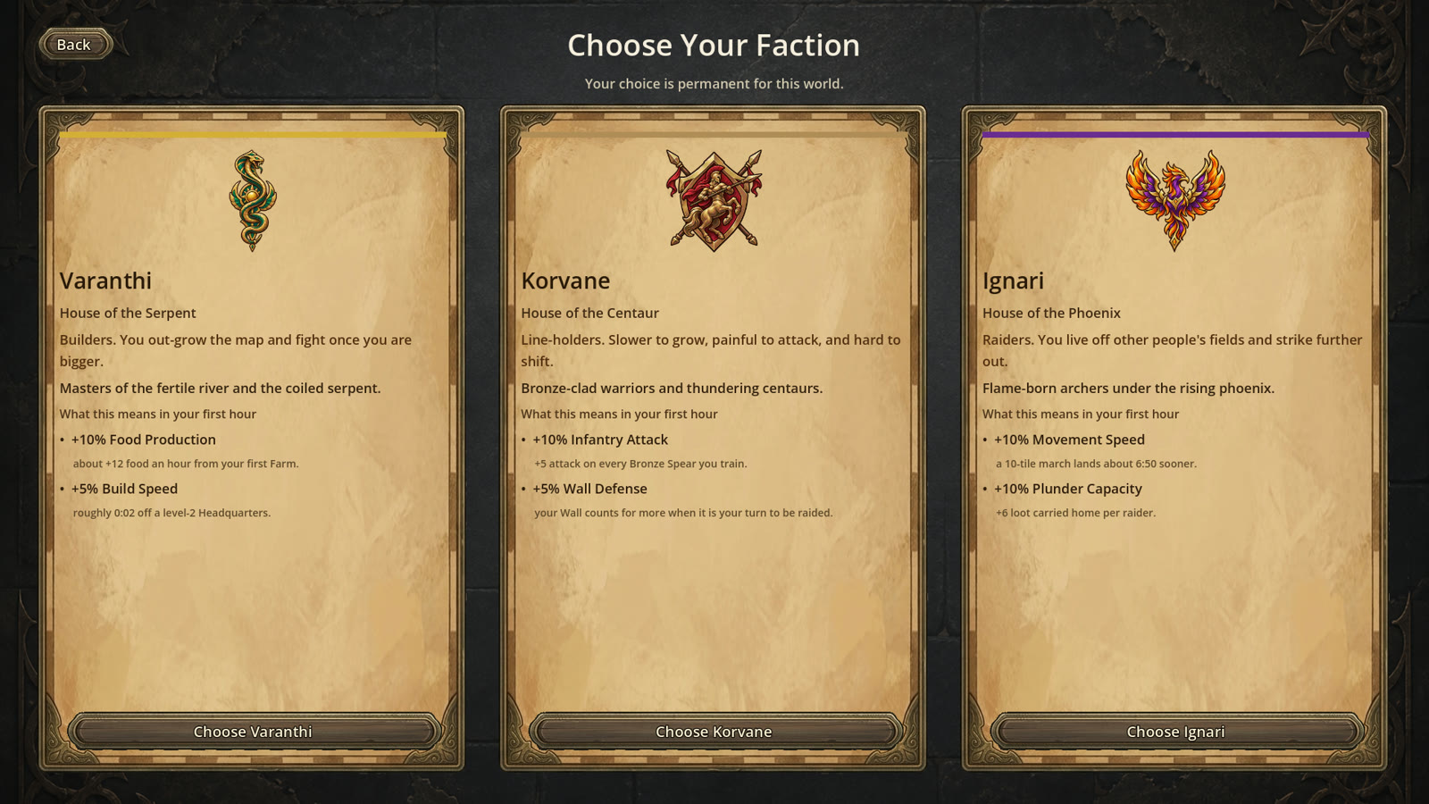 Faction selection screen showing the three houses
