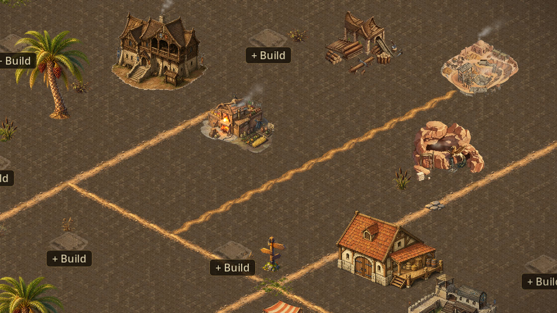 Close view of a village with buildings and paths