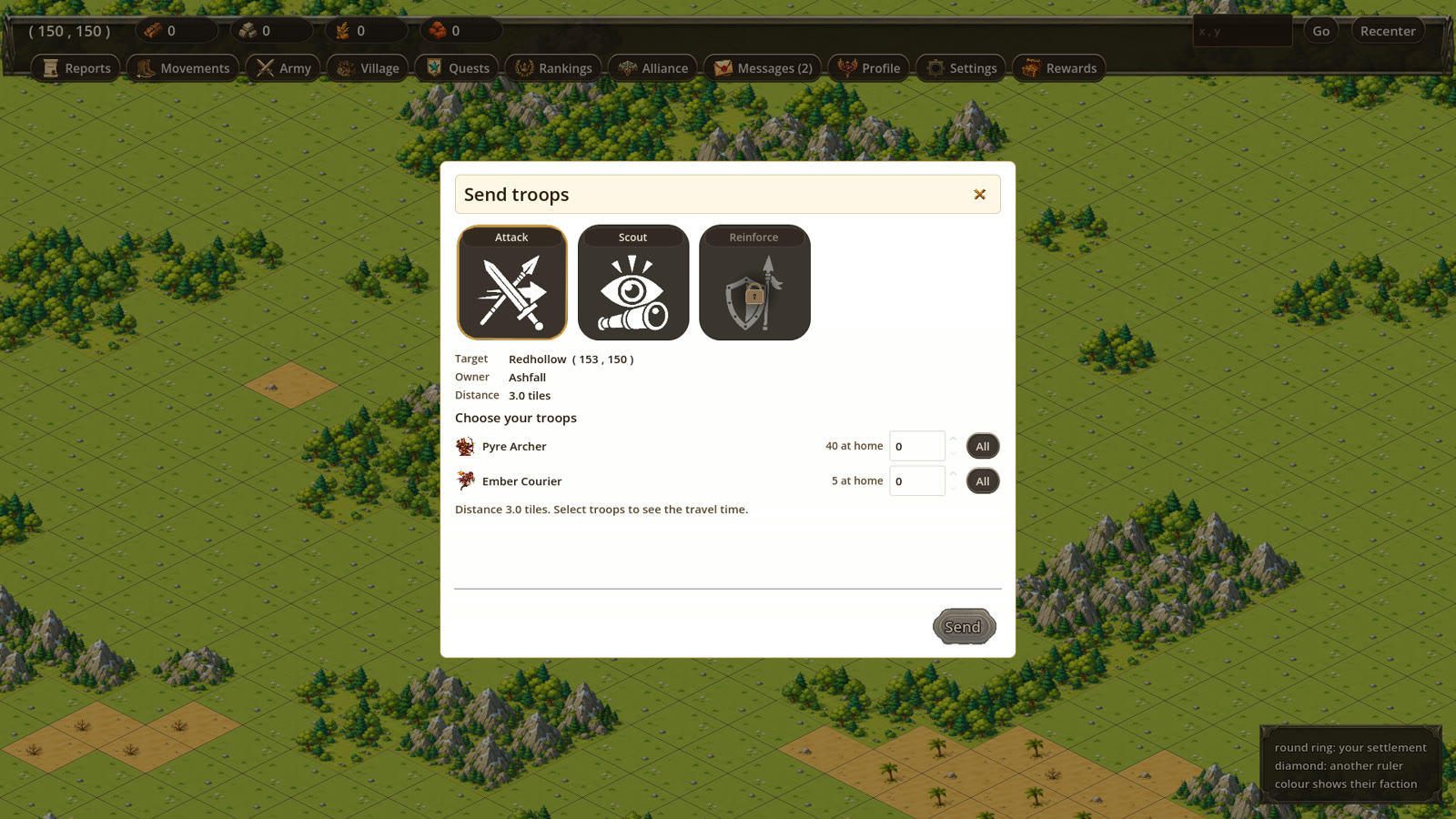 Send troops screen choosing units for a march