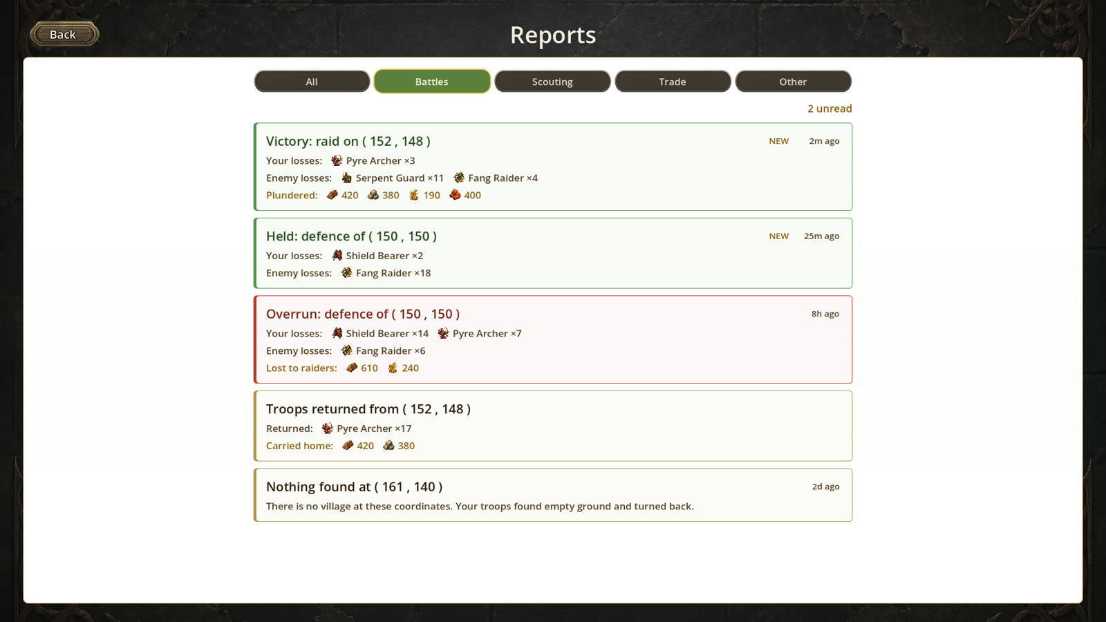 Battle report showing losses on both sides